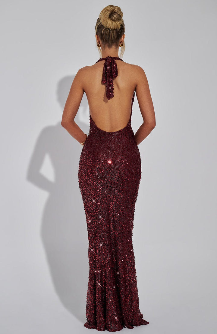 Damen Pailletten Maxikleid mit Halterneck Träger und Cowl Ausschnitt