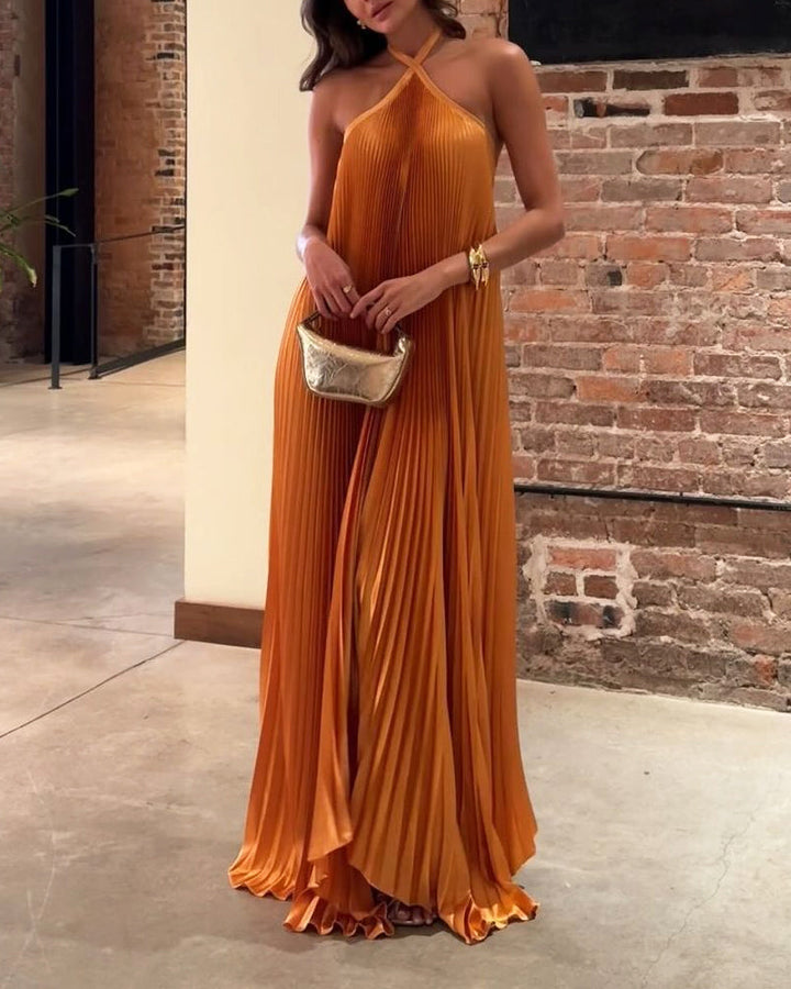 Damen Plissiertes Maxikleid mit gekreuzten Neckholder Trägern