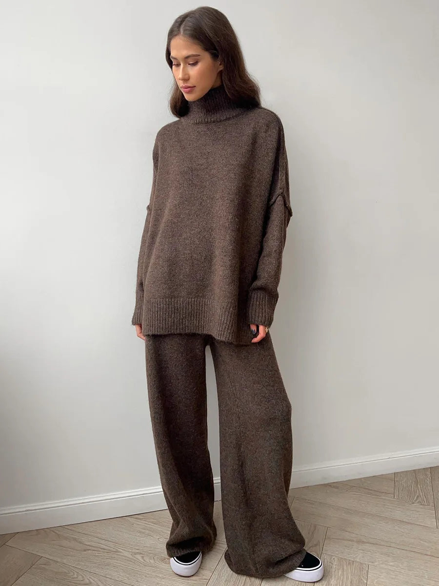 Damen Rollkragenpullover und Weite Hose Set mit Langen Ärmeln