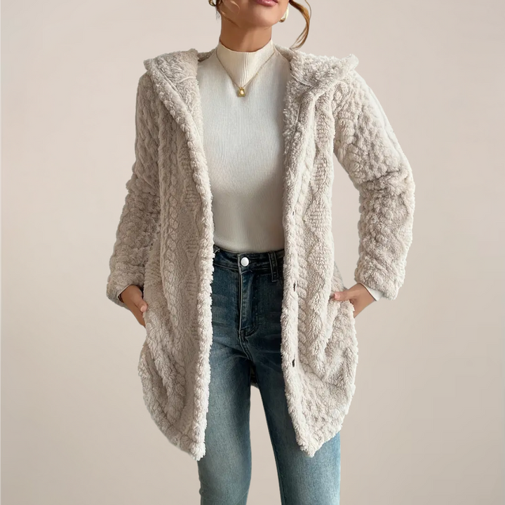 Damen Strickjacke mit Kapuze Zopfmuster Knopfleiste und langen Ärmeln