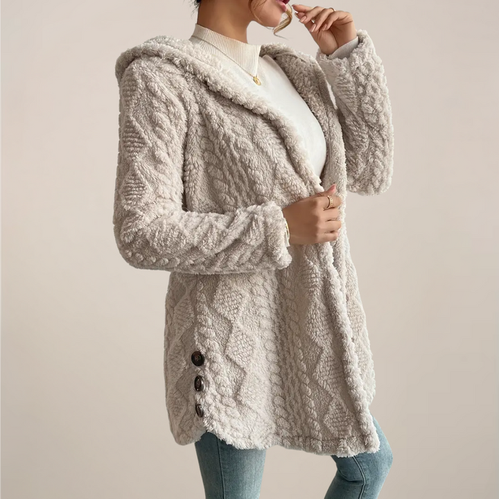 Damen Strickjacke mit Kapuze Zopfmuster Knopfleiste und langen Ärmeln