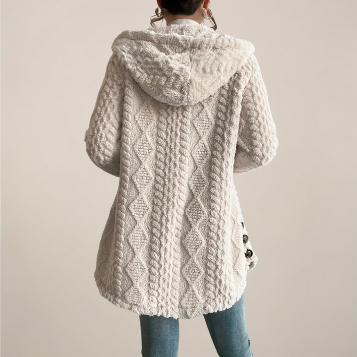 Damen Strickjacke mit Kapuze Zopfmuster Knopfleiste und langen Ärmeln