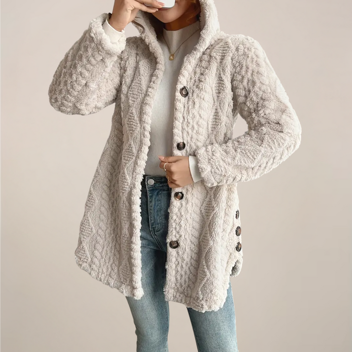 Damen Strickjacke mit Kapuze Zopfmuster Knopfleiste und langen Ärmeln