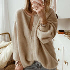 Damen Strickjacke mit Knopfleiste V-Ausschnitt und Langen Ärmeln