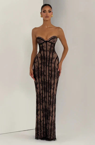 Damen Trägerloses Maxi Kleid mit Herzausschnitt floraler Musterauflage und Streifenpanelen