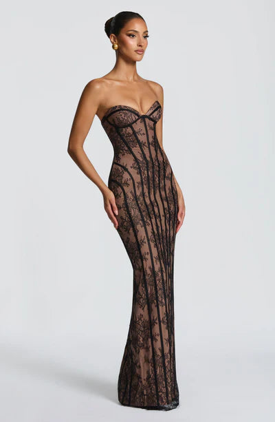 Damen Trägerloses Maxi Kleid mit Herzausschnitt floraler Musterauflage und Streifenpanelen