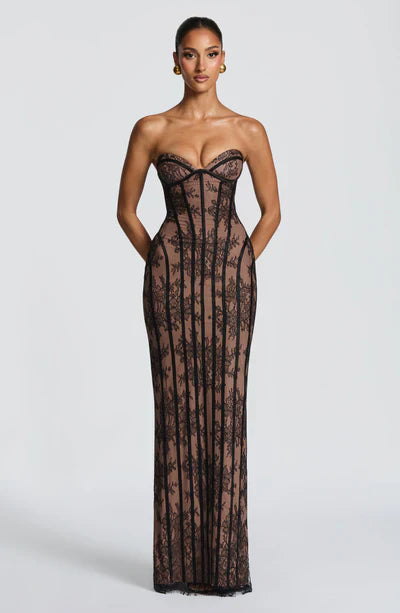 Damen Trägerloses Maxi Kleid mit Herzausschnitt floraler Musterauflage und Streifenpanelen