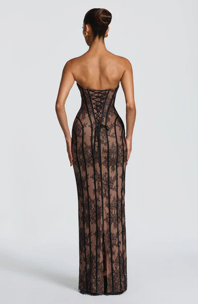 Damen Trägerloses Maxi Kleid mit Herzausschnitt floraler Musterauflage und Streifenpanelen