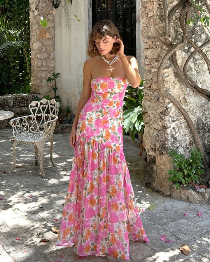 Damen Trägerloses Maxikleid mit abgesenkter Taille und Blumenmuster