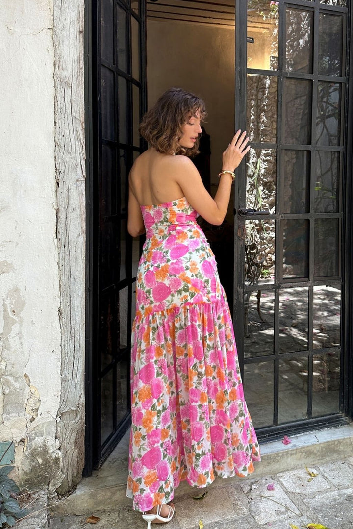 Damen Trägerloses Maxikleid mit abgesenkter Taille und Blumenmuster
