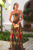 Damen Trägerloses Maxikleid mit gerafftem Rock und Muster