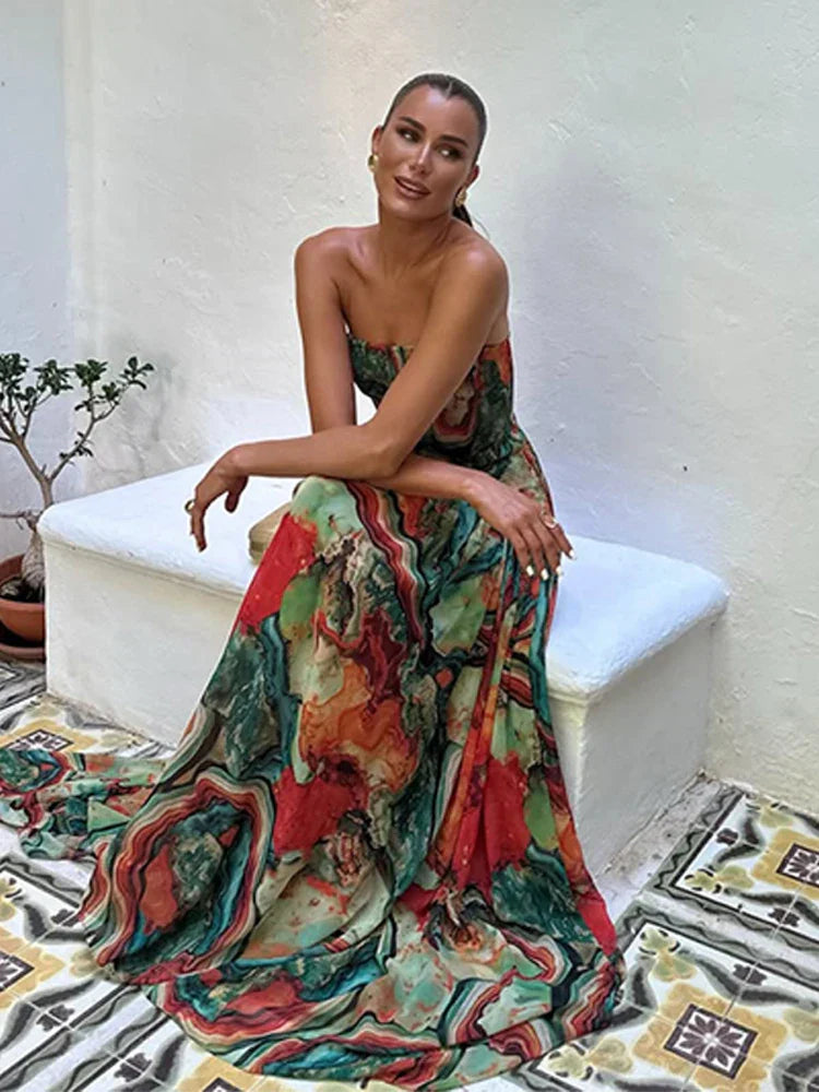 Damen Trägerloses Maxikleid mit gerafftem Rock und Muster