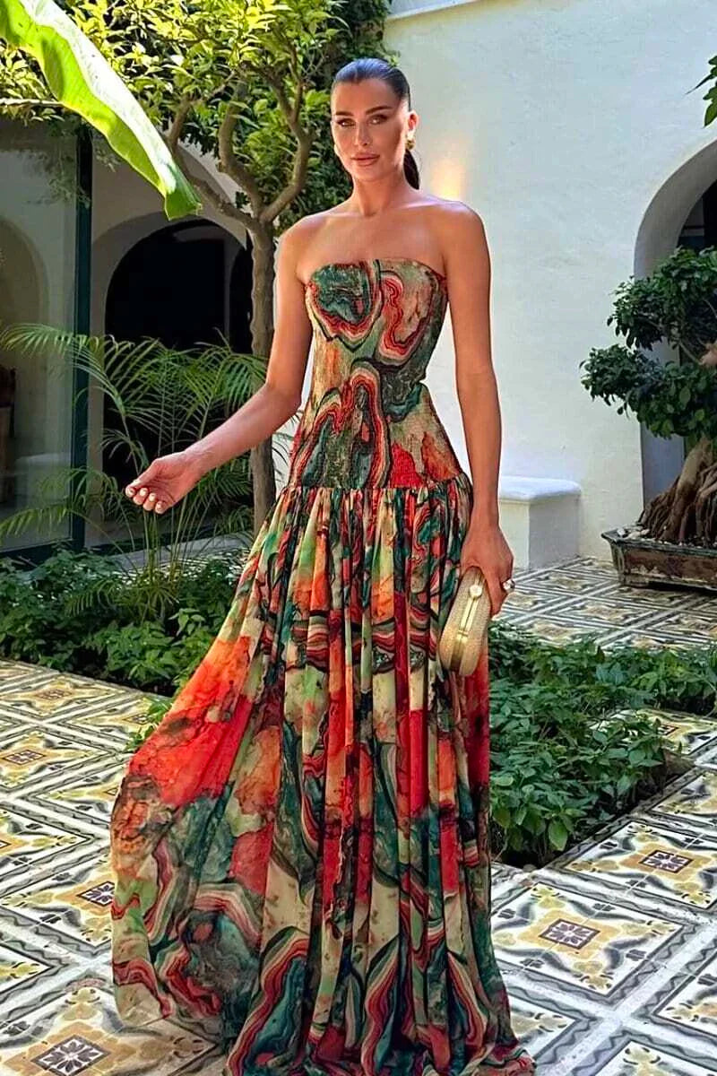 Damen Trägerloses Maxikleid mit gerafftem Rock und Muster