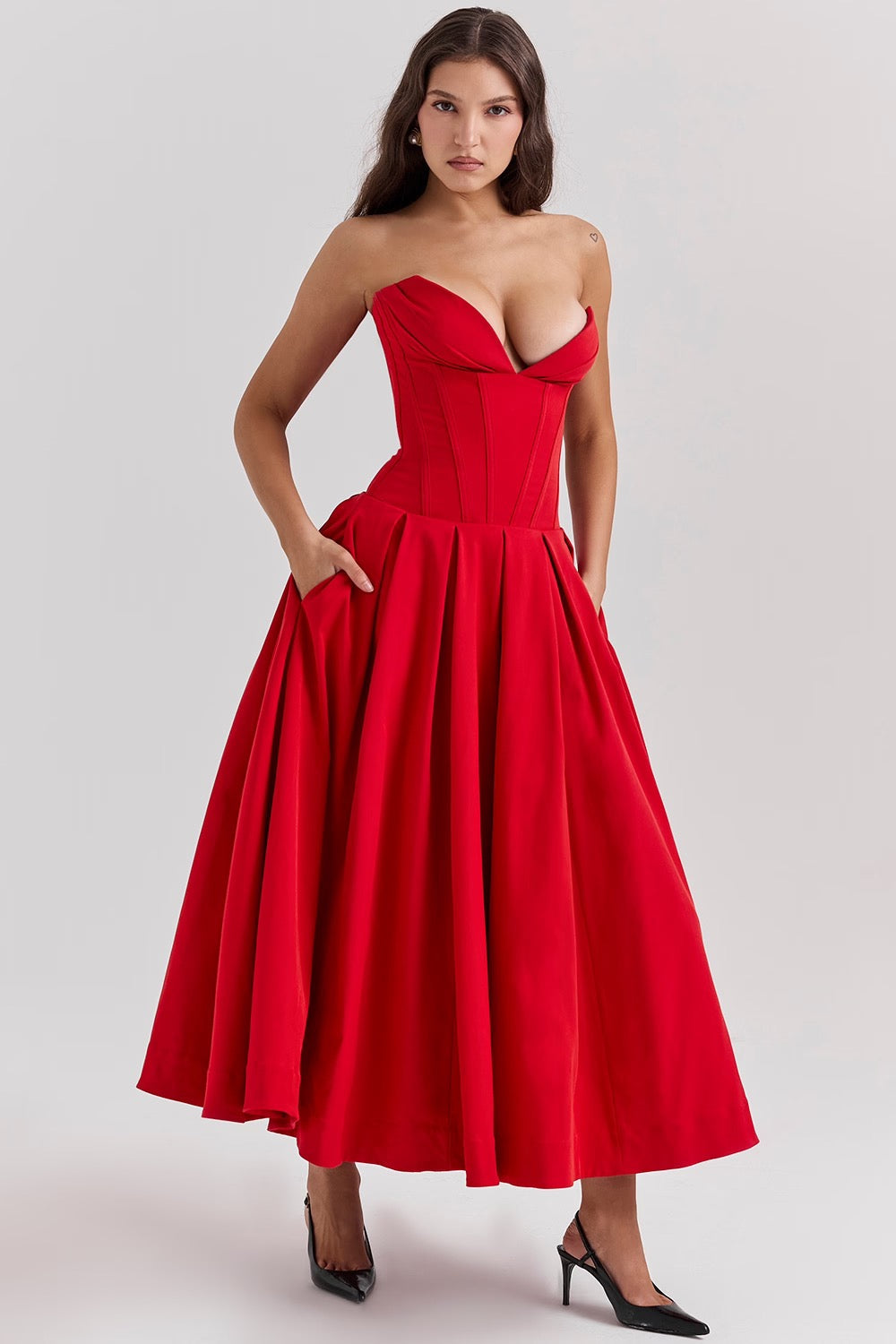 Damen Trägerloses Midi Kleid mit Herzausschnitt und ausgestelltem Glockenrock