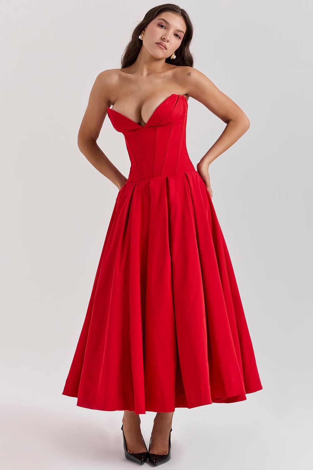 Damen Trägerloses Midi Kleid mit Herzausschnitt und ausgestelltem Glockenrock