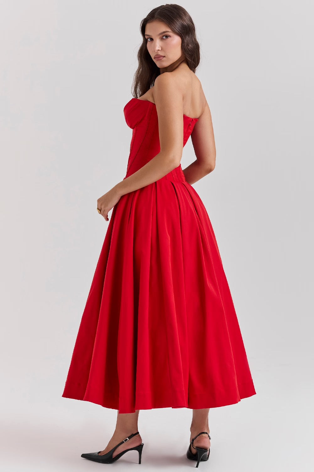 Damen Trägerloses Midi Kleid mit Herzausschnitt und ausgestelltem Glockenrock