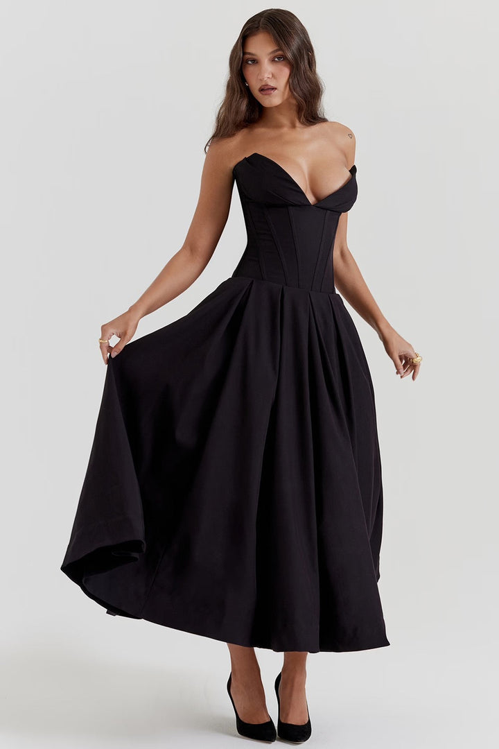 Damen Trägerloses Midi Kleid mit Herzausschnitt und ausgestelltem Glockenrock