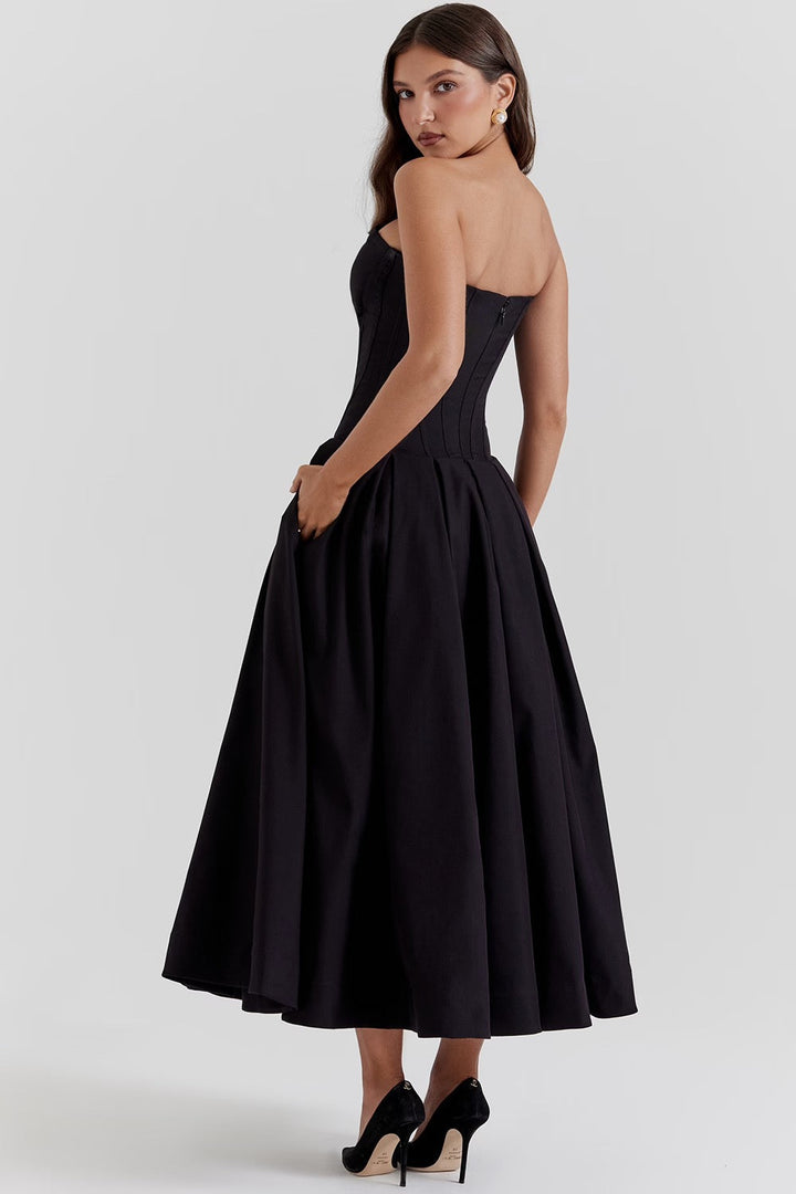 Damen Trägerloses Midi Kleid mit Herzausschnitt und ausgestelltem Glockenrock