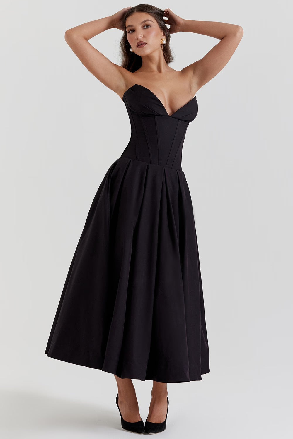 Damen Trägerloses Midi Kleid mit Herzausschnitt und ausgestelltem Glockenrock