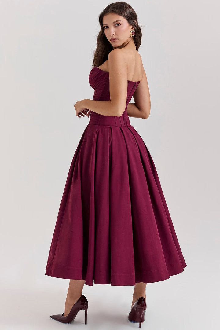 Damen Trägerloses Midi Kleid mit Herzausschnitt und ausgestelltem Glockenrock