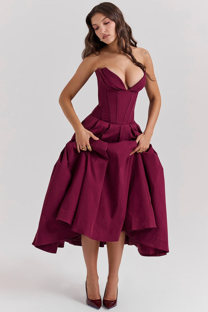 Damen Trägerloses Midi Kleid mit Herzausschnitt und ausgestelltem Glockenrock