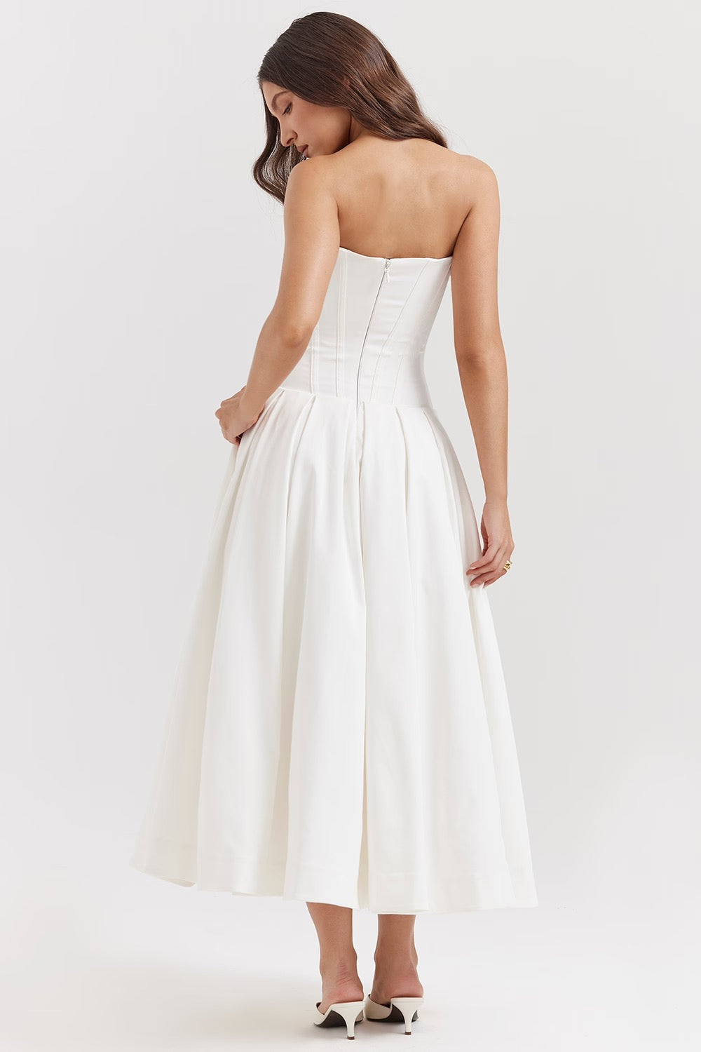 Damen Trägerloses Midi Kleid mit Herzausschnitt und ausgestelltem Glockenrock