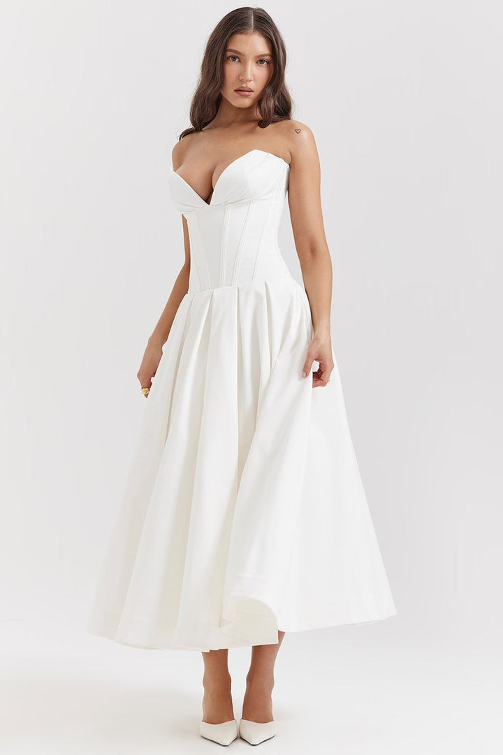 Damen Trägerloses Midi Kleid mit Herzausschnitt und ausgestelltem Glockenrock