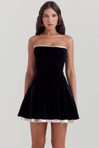Damen Trägerloses Mini Kleid mit Kontrast Besatz und ausgestelltem Rock