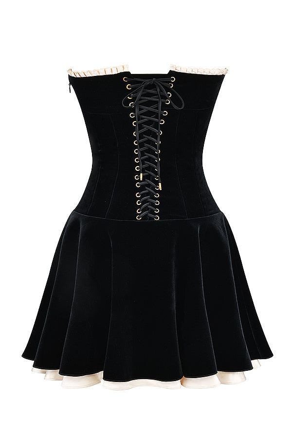 Damen Trägerloses Mini Kleid mit Kontrast Besatz und ausgestelltem Rock