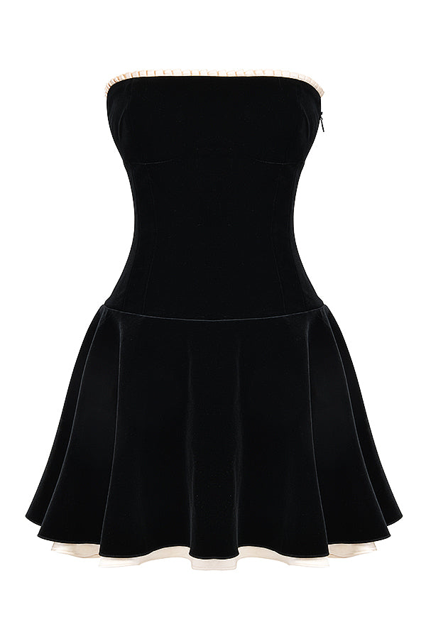 Damen Trägerloses Mini Kleid mit Kontrast Besatz und ausgestelltem Rock