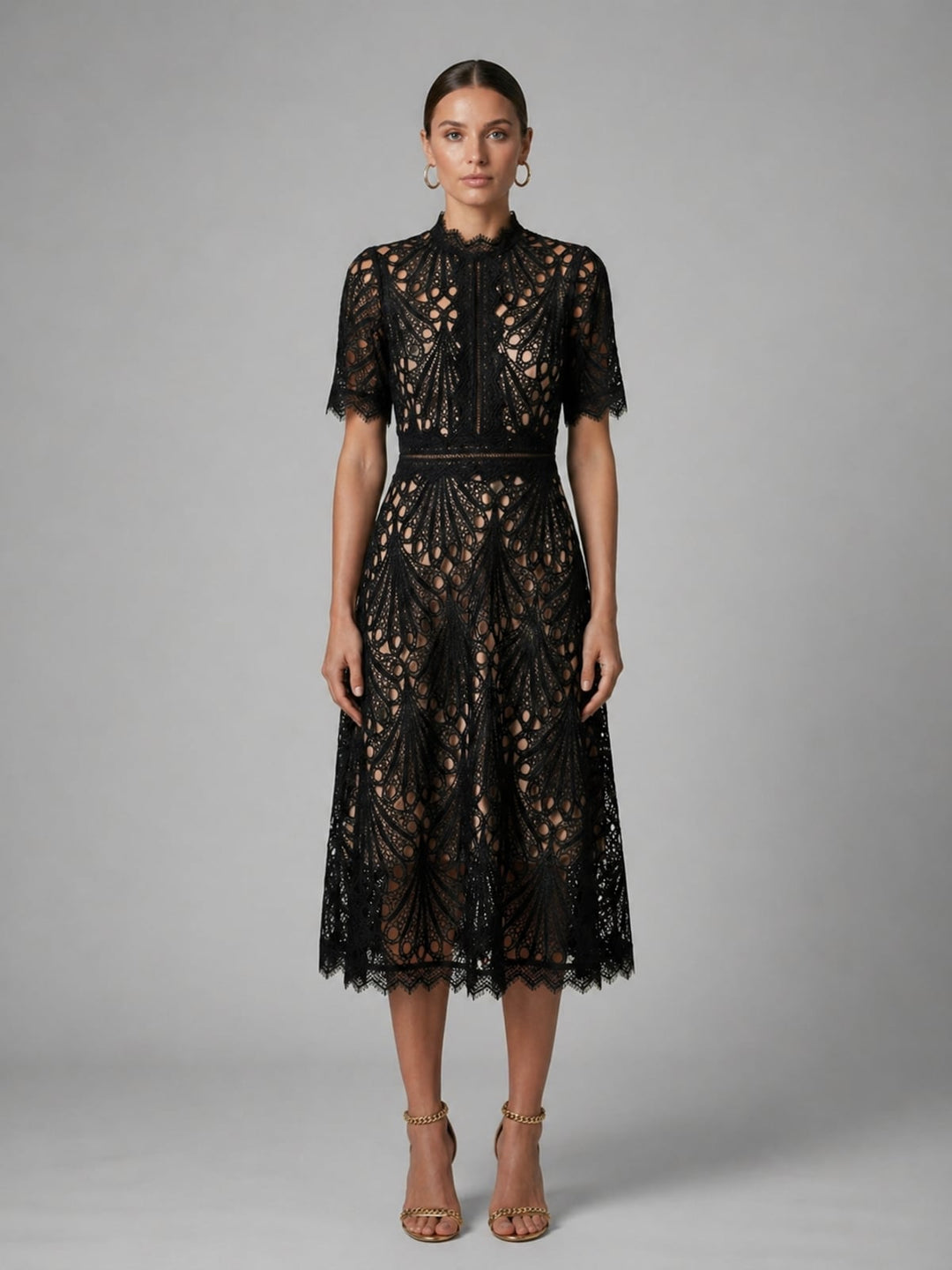 Damen A-Linien Midi Kleid mit Spitzenoberteil