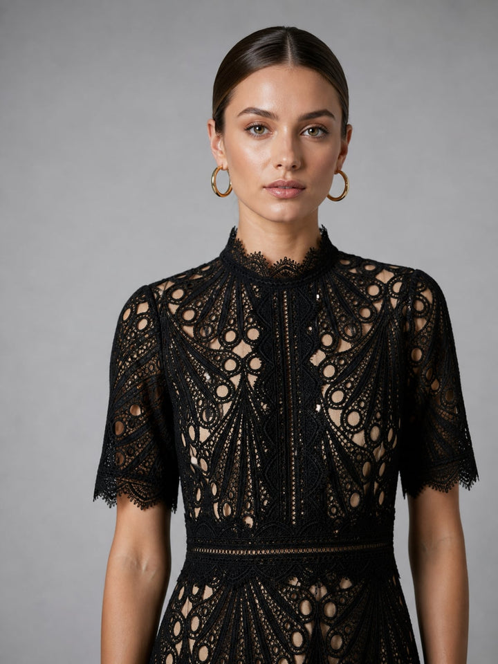 Damen A-Linien Midi Kleid mit Spitzenoberteil