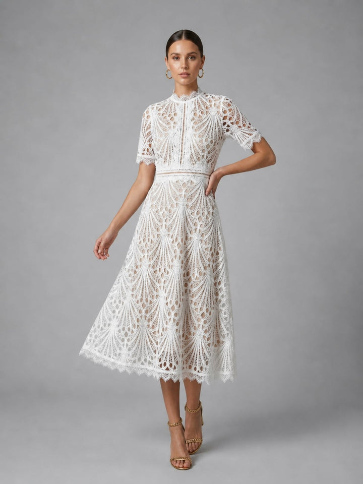 Damen A-Linien Midi Kleid mit Spitzenoberteil