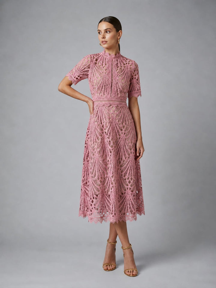Damen A-Linien Midi Kleid mit Spitzenoberteil