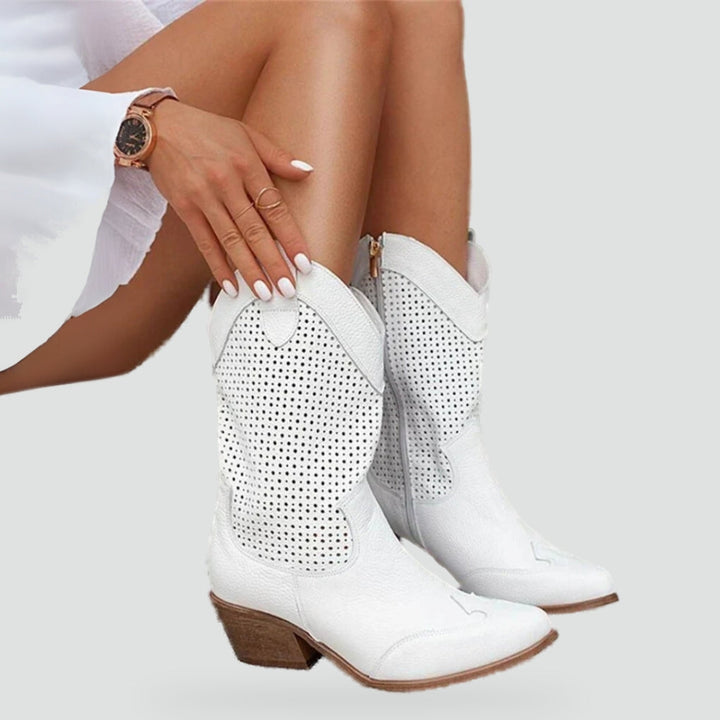 Damen Leder Cowboy Stiefel mit Absatz und Perforationen