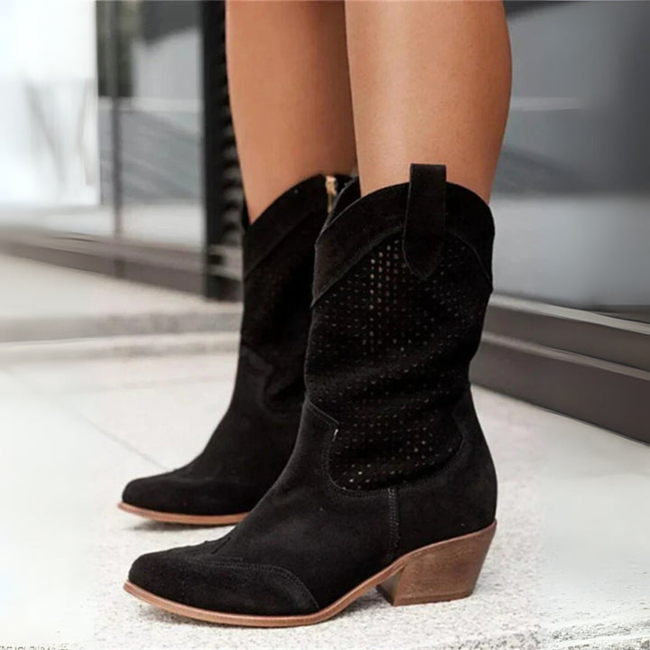 Damen Leder Cowboy Stiefel mit Absatz und Perforationen