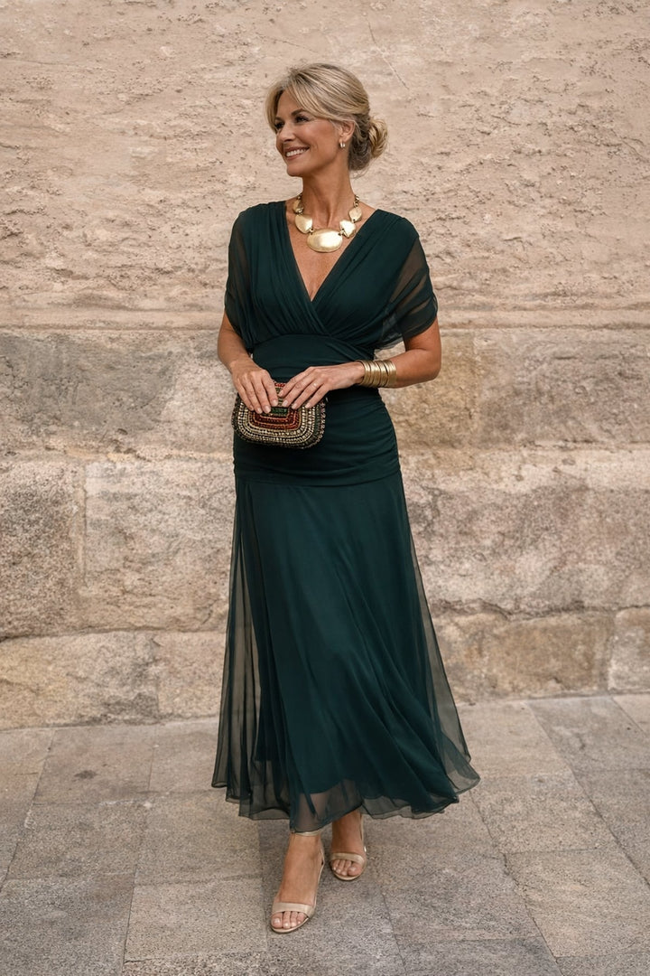 Damen Maxi Kleid mit V-Ausschnitt und kurzen Ärmeln