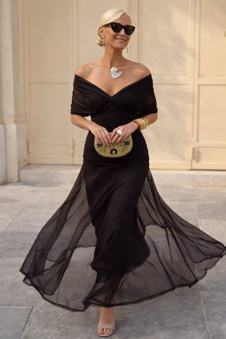 Damen Maxi Kleid mit V-Ausschnitt und kurzen Ärmeln