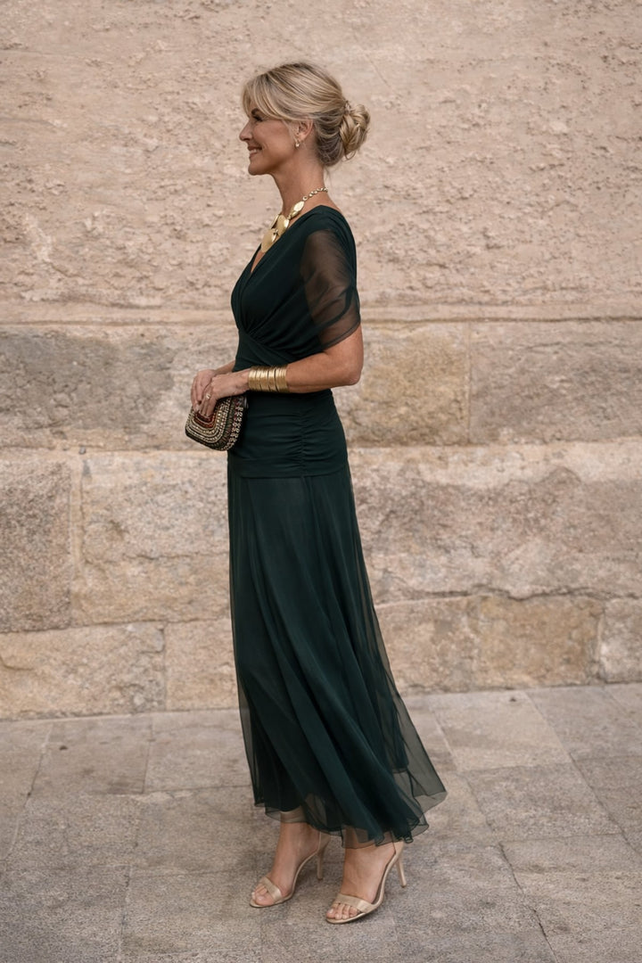 Damen Maxi Kleid mit V-Ausschnitt und kurzen Ärmeln