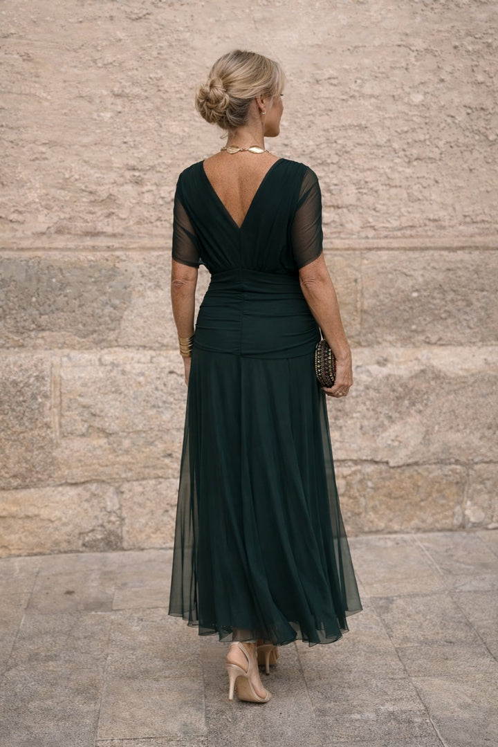 Damen Maxi Kleid mit V-Ausschnitt und kurzen Ärmeln