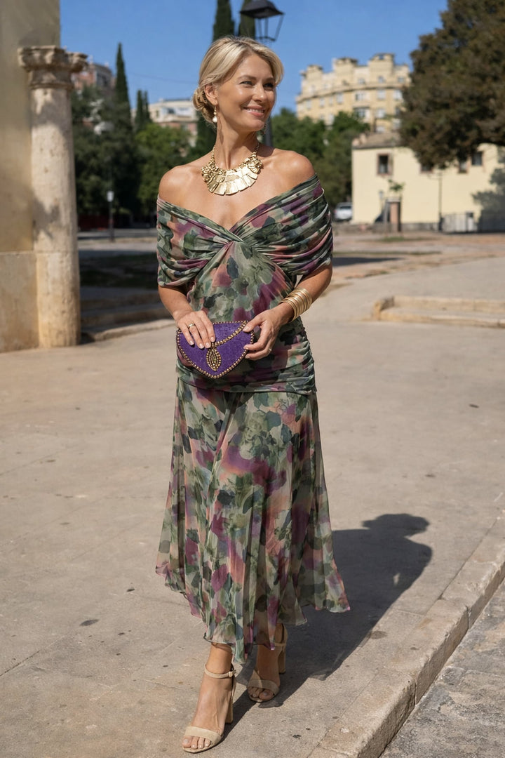 Damen Maxi Kleid mit V-Ausschnitt und kurzen Ärmeln