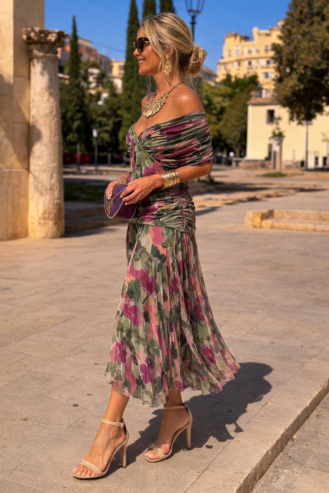 Damen Maxi Kleid mit V-Ausschnitt und kurzen Ärmeln