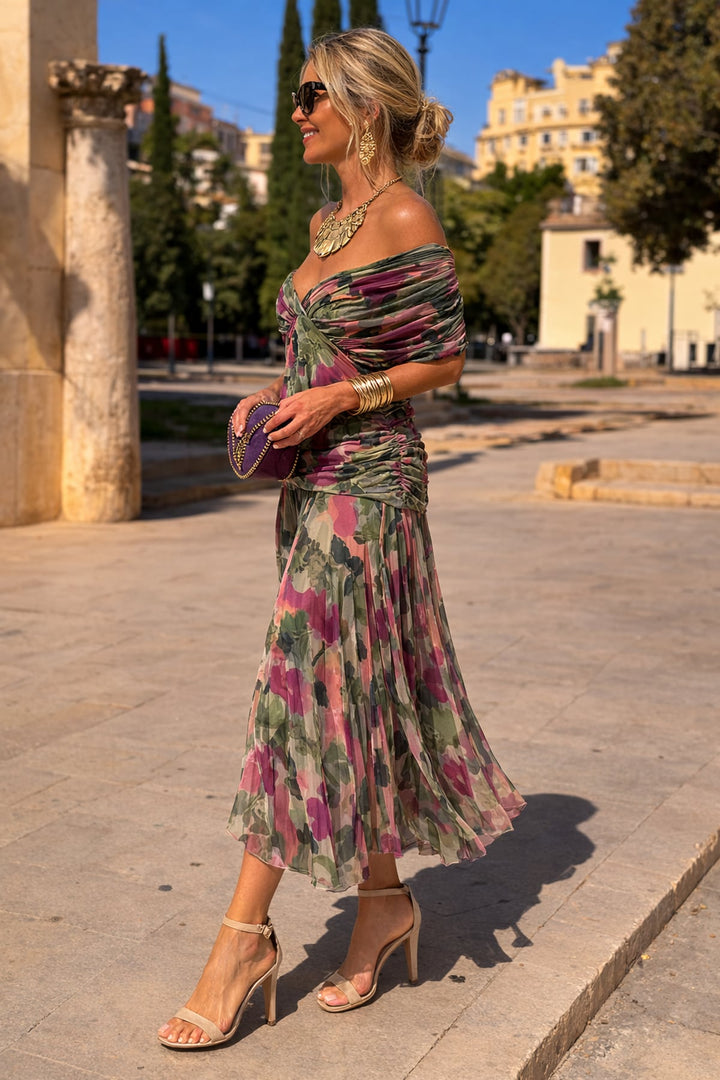 Damen Maxi Kleid mit V-Ausschnitt und kurzen Ärmeln