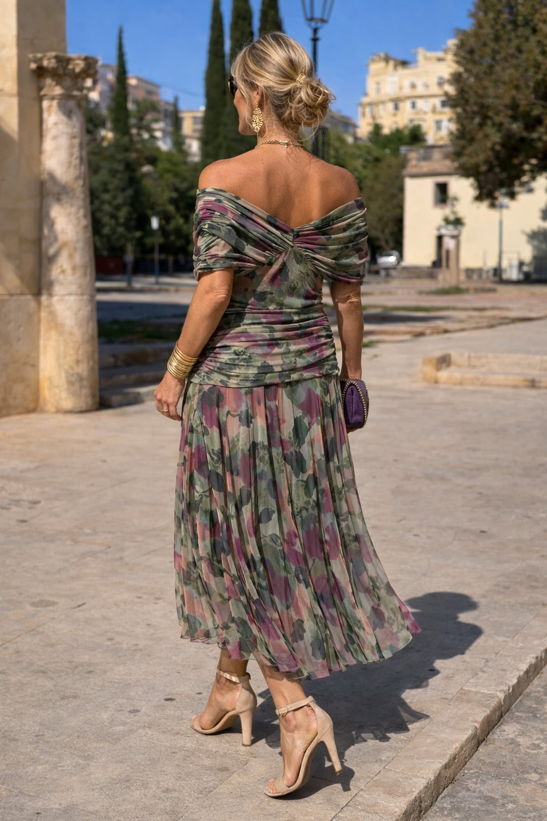 Damen Maxi Kleid mit V-Ausschnitt und kurzen Ärmeln