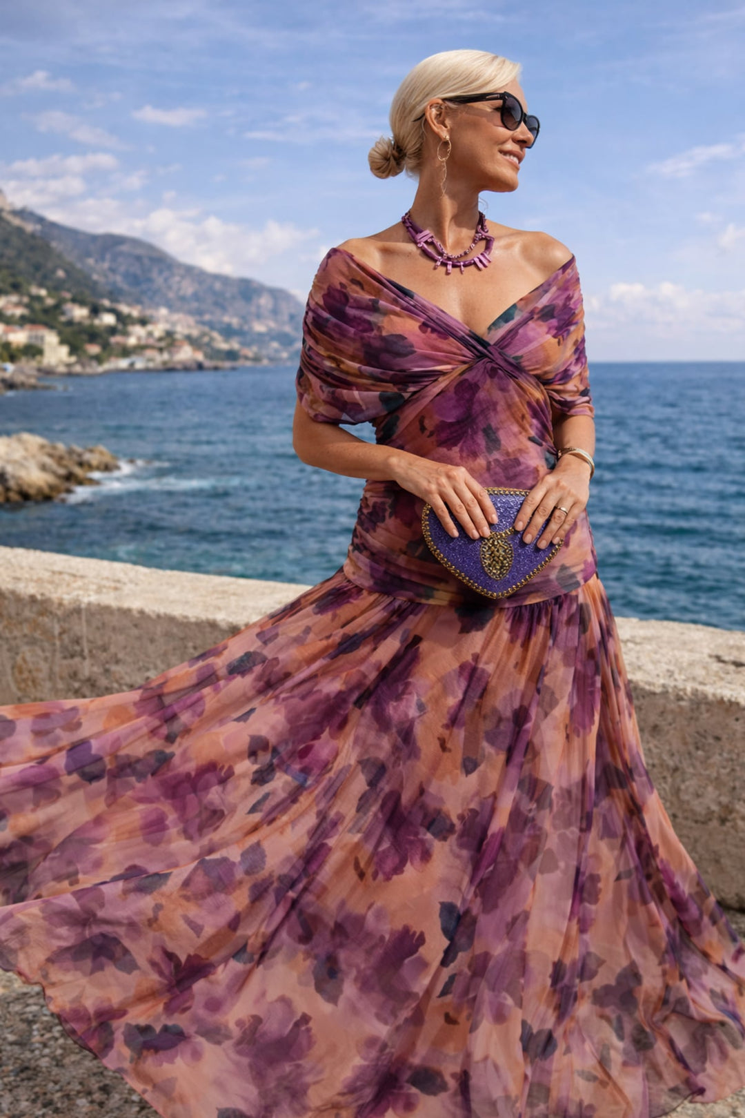 Damen Maxi Kleid mit V-Ausschnitt und kurzen Ärmeln