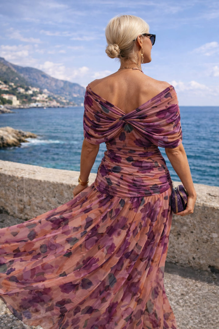 Damen Maxi Kleid mit V-Ausschnitt und kurzen Ärmeln