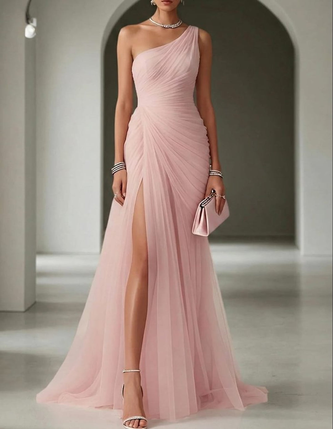 Damen One-Shoulder Maxi Kleid mit Falten
