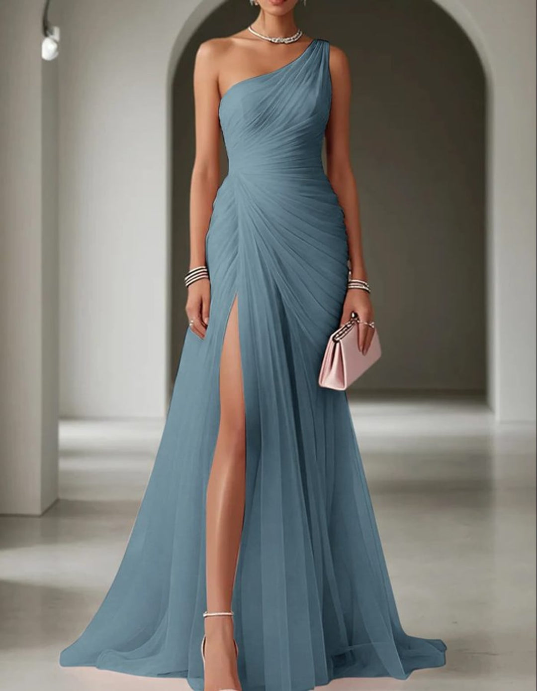 Damen One-Shoulder Maxi Kleid mit Falten