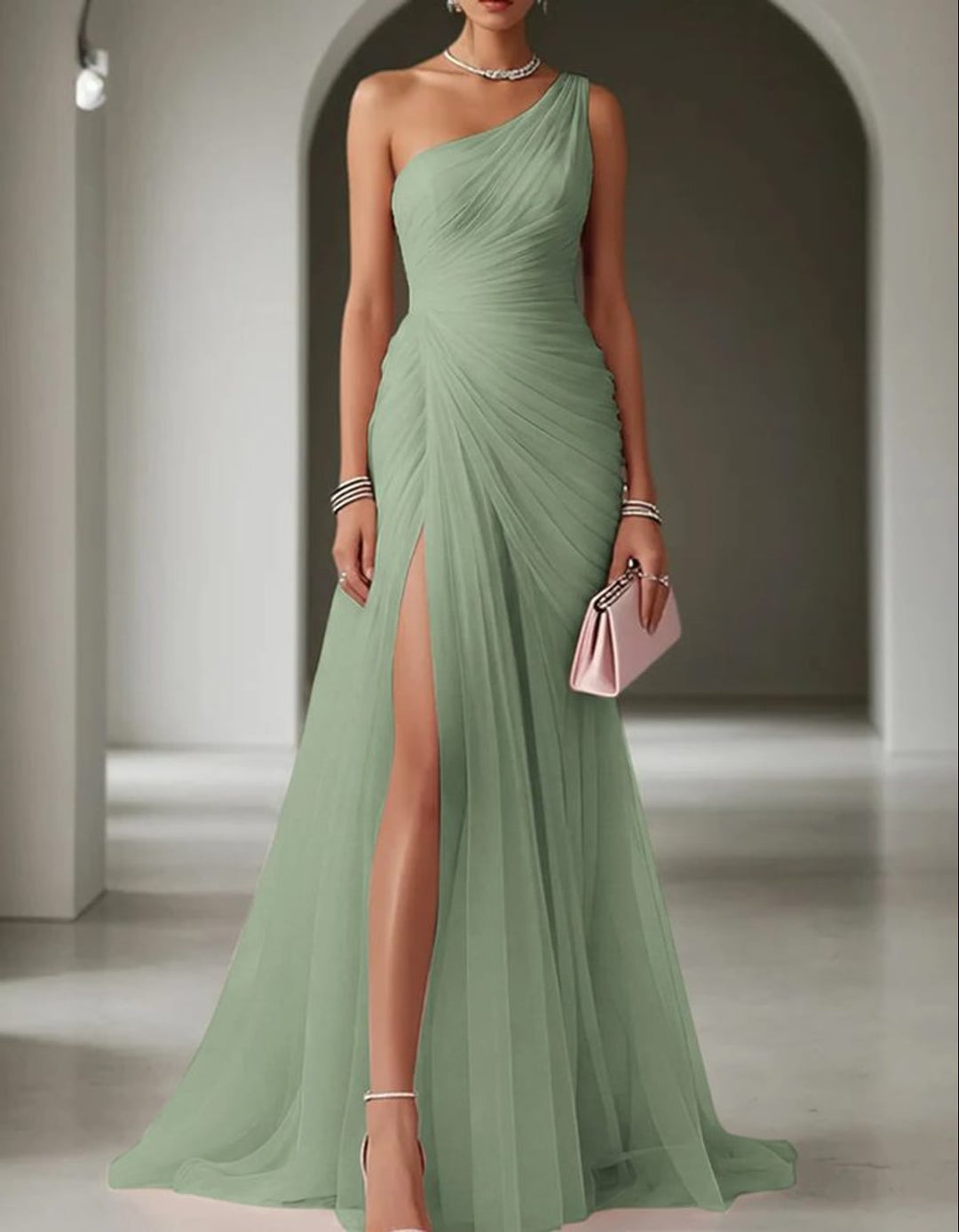 Damen One-Shoulder Maxi Kleid mit Falten