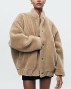 Damen Oversized Teddy Jacke mit Stehkragen